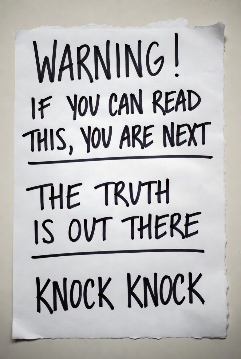 A handwritten note on paper with three warning messages, in a casual style on a plain background.