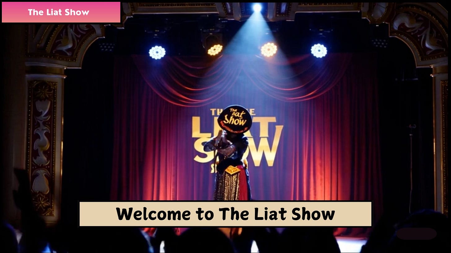 Liat Portal for The Liat Show captures the moment of stepping onto the stage, with a spotlight shining over a performer framed against red curtains and the bold logo of The Liat Show in the background. This image symbolizes the transition from writing and podcasting into live performance, inviting the audience to experience the stories as an orchestra of cultures and voices coming together.