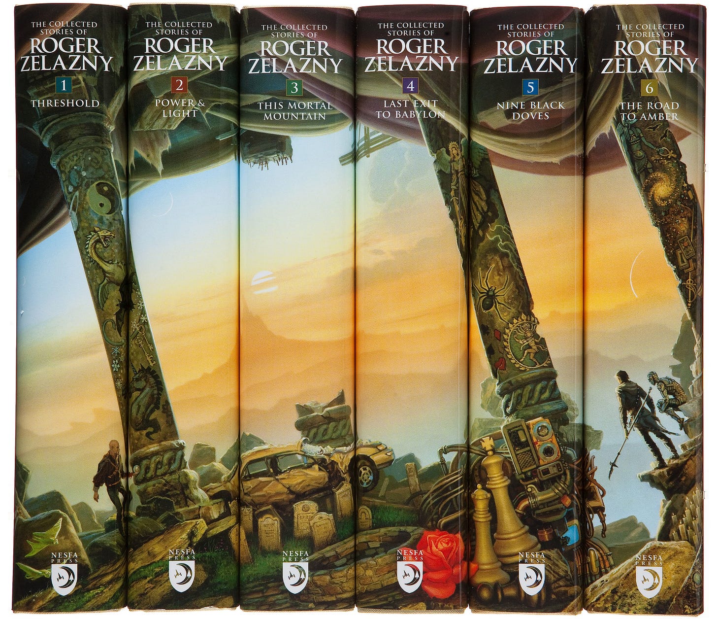 Spine out view of The Collected Stories of Roger Zelazny, Volumes 1-6. Each book contributes to the whole of the illustration Z-World. The title and number for each volume is on the upper spine with the NESFA logo is on the lower.