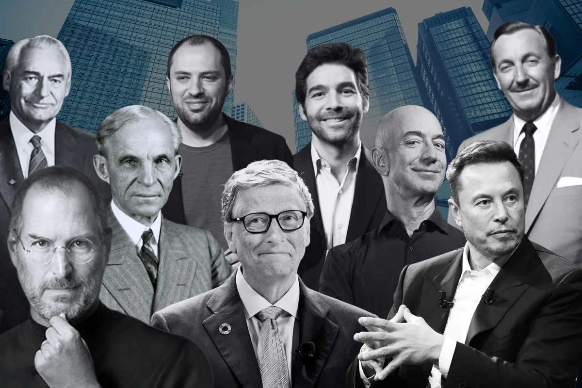 Collage of iconic business leaders and entrepreneurs including historical and modern innovators against a corporate city backdrop Collage of iconic business leaders and entrepreneurs including historical and modern innovators against a corporate city backdrop