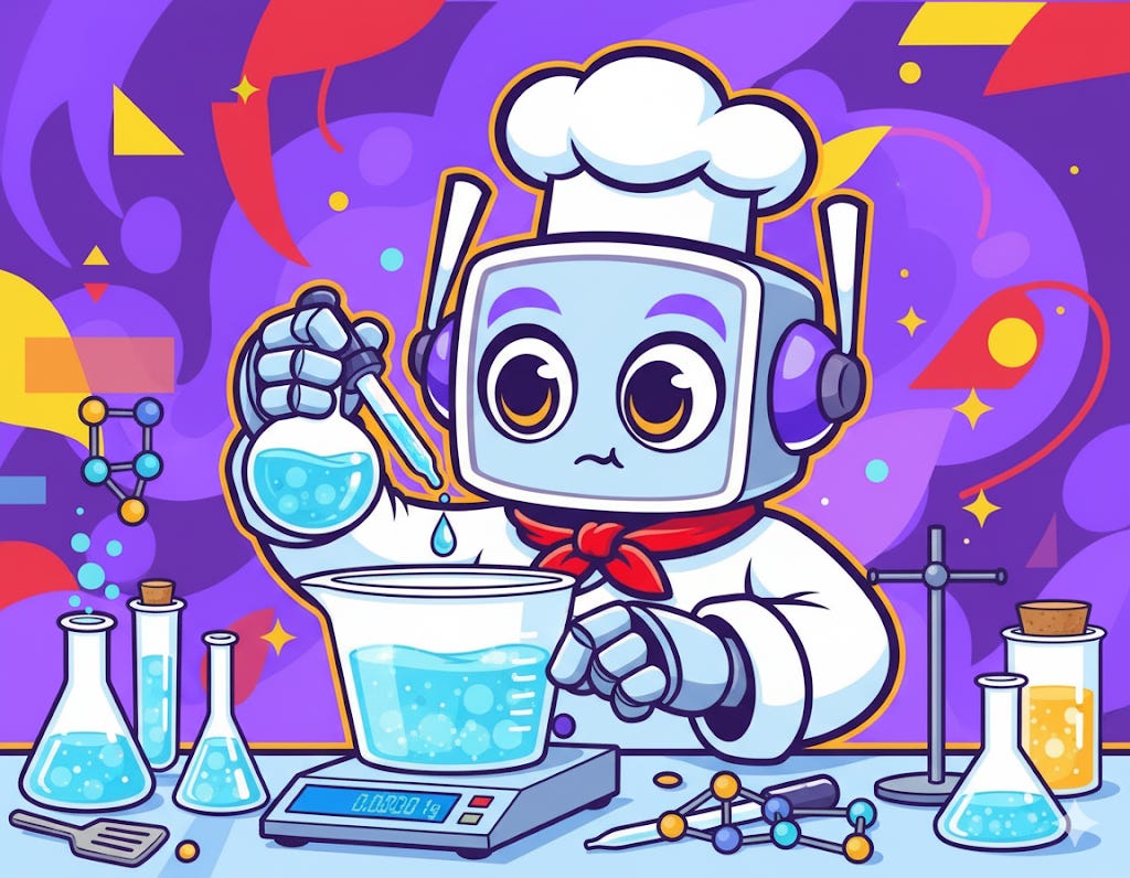A cheerful robot chef, Neuralbuddy, in a chef's hat and red bow tie, meticulously measures ingredients with scientific glassware and a digital scale, showcasing molecular precision. The background features a creative blend of purple, yellow, and red from the original character's color scheme, with abstract shapes and scientific motifs.