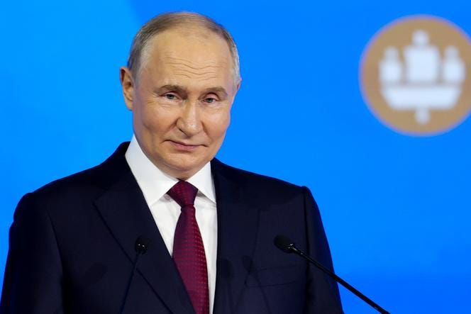 Russian President Vladimir Putin addresses a plenary session of the St. Petersburg International Economic Forum in St. Petersburg, Russia, on Friday, June 7, 2024.