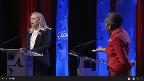 Winsome Earle-Sears (at right) turns to ask Abigail Spanberger a question during their debate. Screenshot from WAVY-TV. Winsome Earle-Sears (at right) turns to ask Abigail Spanberger a question during their debate. Screenshot from WAVY-TV.