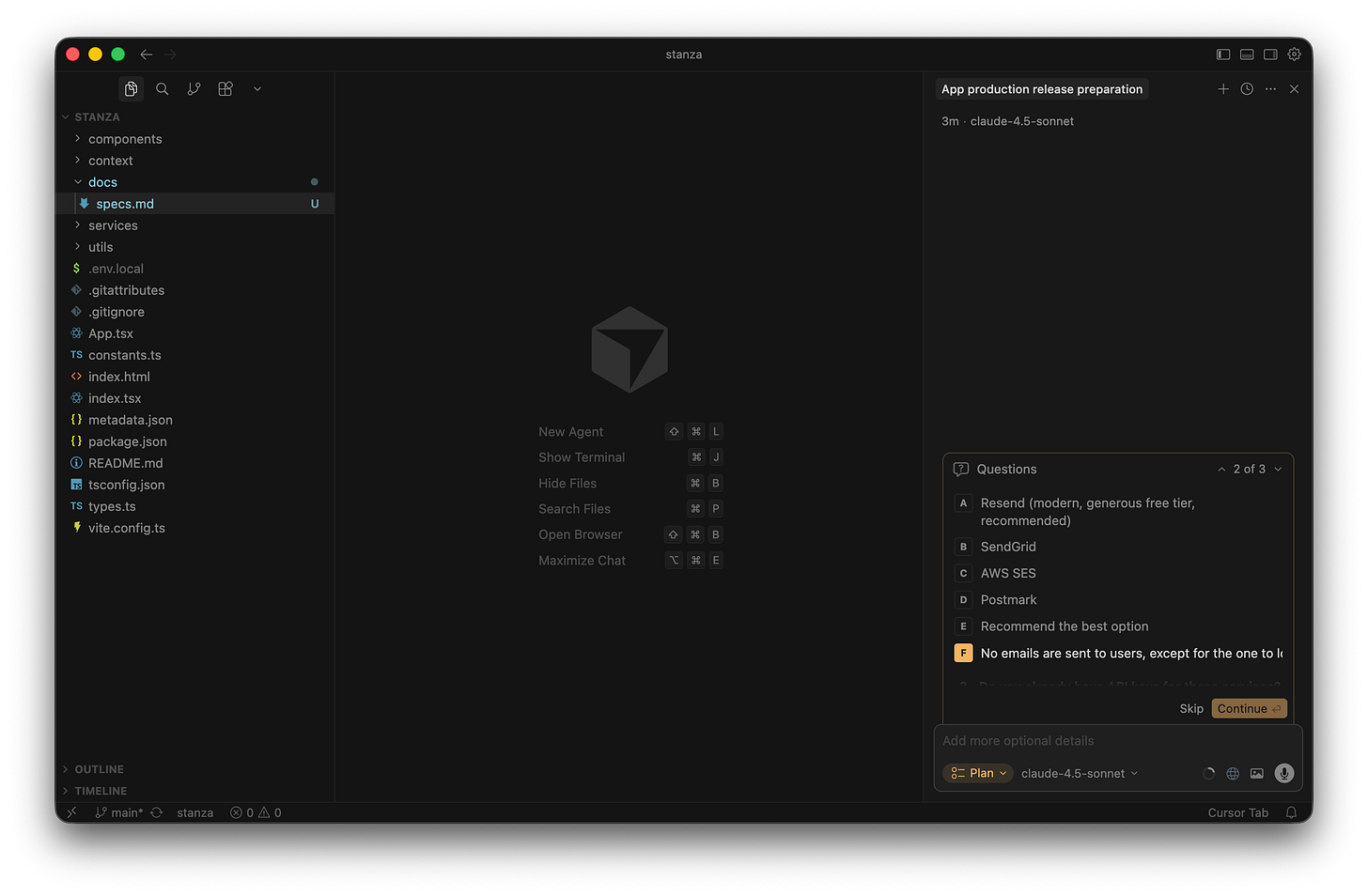 A chat interface shows a question about email services with an option selected indicating no emails will be sent to users. A chat interface shows a question about email services with an option selected indicating no emails will be sent to users.