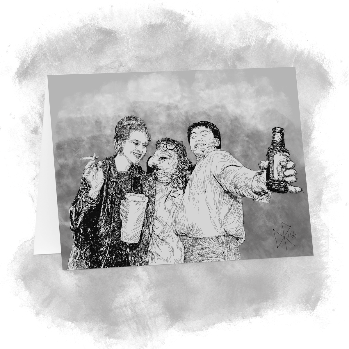 Three party people enjoying life. Sketch art by Don Rice.