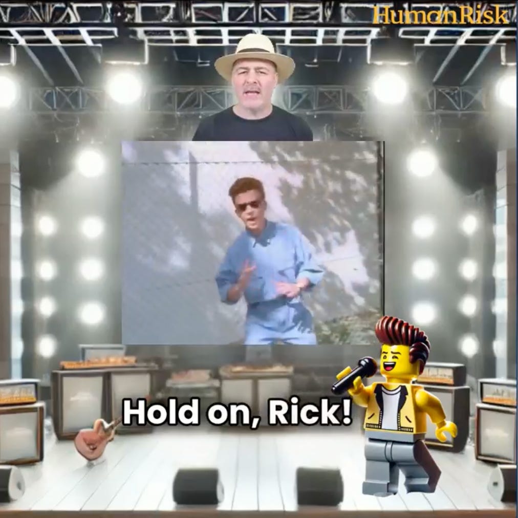 A scene featuring a LEGO-style stage setup with bright lights and amplifiers. A LEGO character dressed as a rock star holds a microphone and text reads, 'Hold on, Rick!' In the background, a screen shows a man, Rick Astley, from his iconic 'Never Gonna Give You Up' music video. 