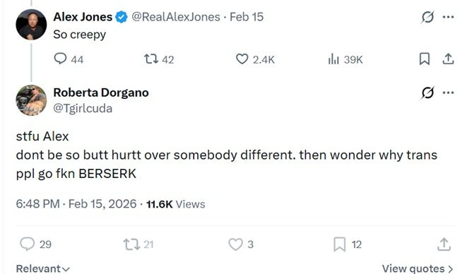 Twitter exchange between Alex Jones and Roberta Dorgano discussing reactions to social issues, highlighting tensions in online discourse. Twitter exchange between Alex Jones and Roberta Dorgano discussing reactions to social issues, highlighting tensions in online discourse.