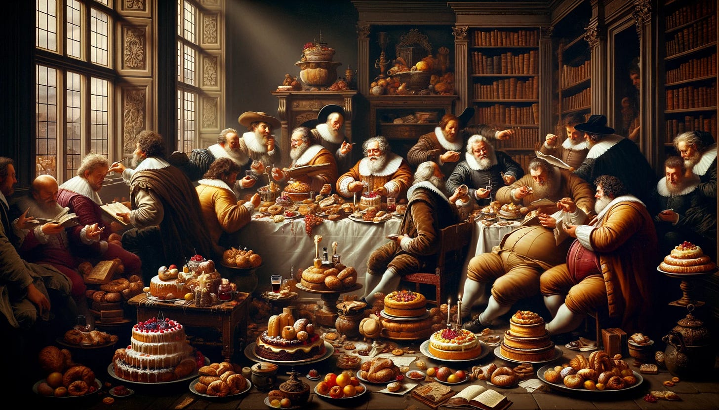 Adapt the intimate baroque scene to a 16:9 aspect ratio, maintaining the style of Peter Paul Rubens, and enrich the composition by including more elements of 'Intellectual Gluttony.' Visualize a slightly expanded, yet still cozy and richly decorated 17th-century room. A small group of corpulent intellectuals are gathered around a modestly sized table, deeply engrossed in reading and writing, surrounded by a plethora of books, scrolls, and quills. Extend the scene of indulgence to the floor, where additional cakes, pastries, and an assortment of rich foods are scattered amidst more books and manuscripts, symbolizing an overflow of both culinary and intellectual appetites. The figures, adorned in period attire, engage in lively discussion, eating, and drinking wine, capturing a moment of scholarly fellowship and gastronomic excess. The image should emphasize Rubens' characteristic use of dynamic figures, dramatic lighting, and a rich, vivid color palette, enhancing the sense of depth and texture in this more expansive setting.