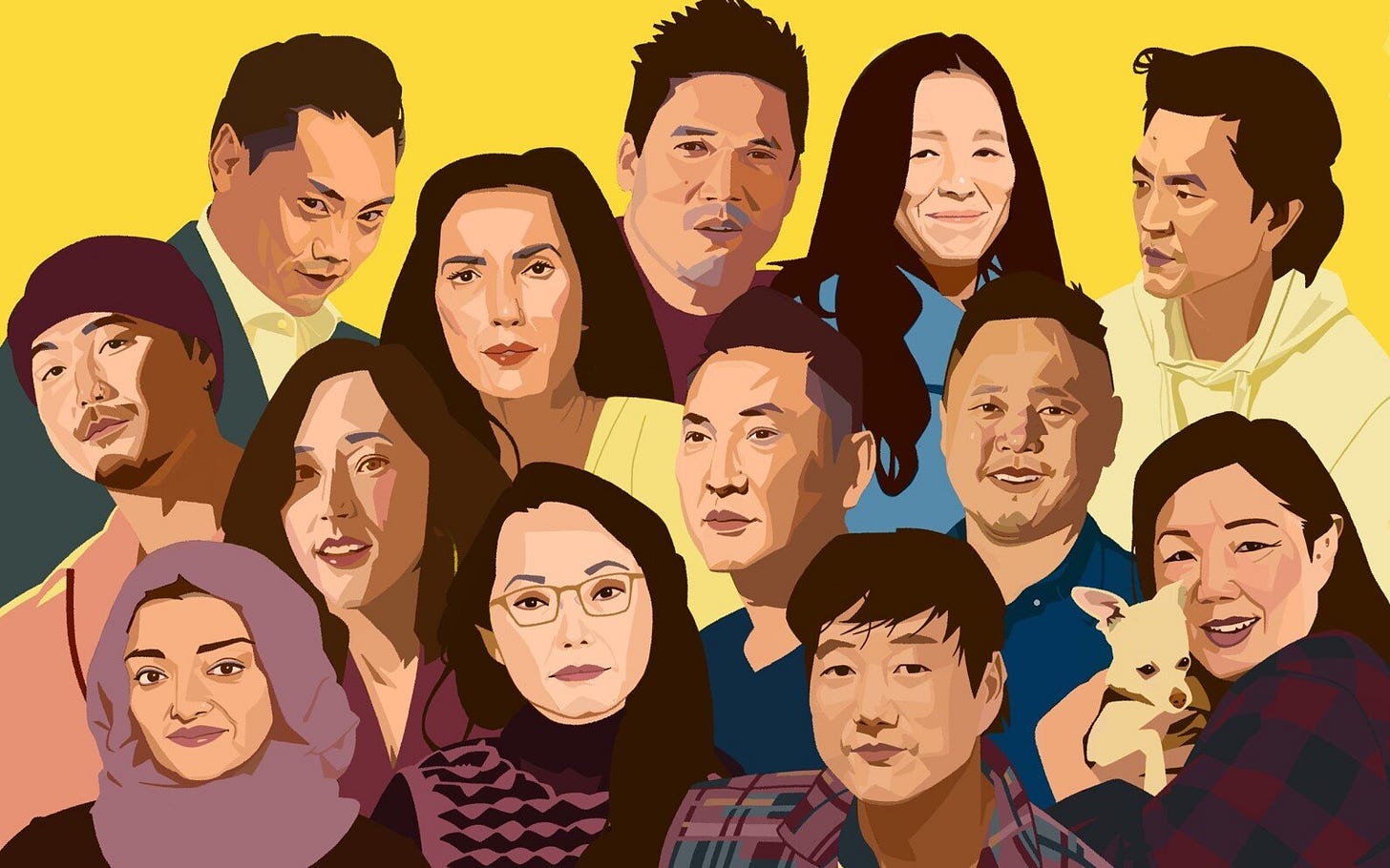Top row, from left: Jon M. Chu, Dante Basco, Niki Nakayama, John Cho; middle row: Dumbfoundead, Mina Kimes, Padma Lakshmi, Viet Thanh Nguyen, Jet Tila; bottom row: Rabia Chaudry, Lulu Wang, Sung Kang, Margaret Cho. (Shenho Hshieh)