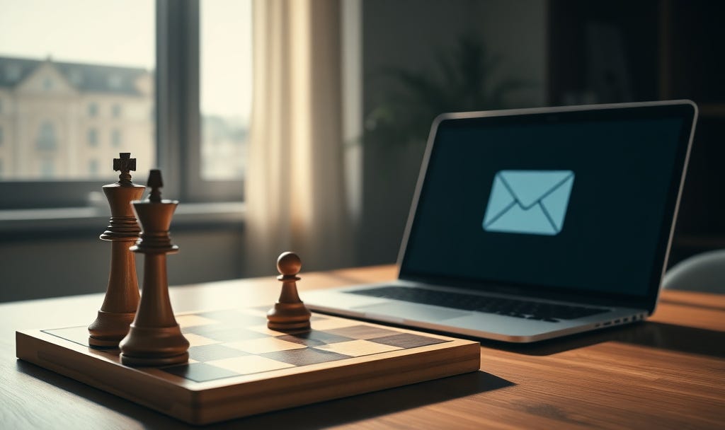 A wooden chessboard with king and pawn pieces on a desk beside a laptop displaying an email icon on the screen, symbolizing strategic email communication in a professional office setting. A wooden chessboard with king and pawn pieces on a desk beside a laptop displaying an email icon on the screen, symbolizing strategic email communication in a professional office setting.