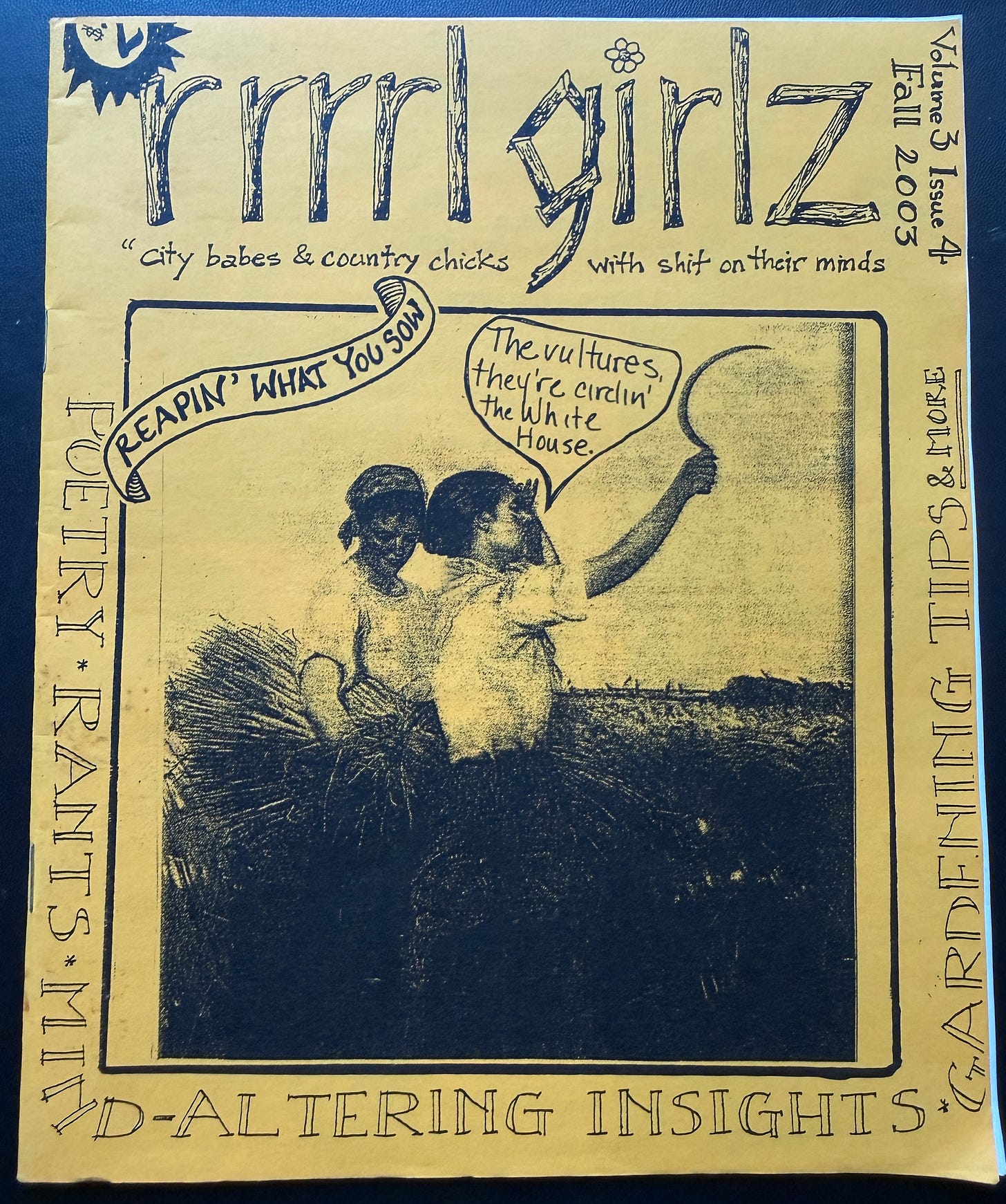 zine cover for rrrrl grrrrlz with two women collecting hay, one holding a sickle