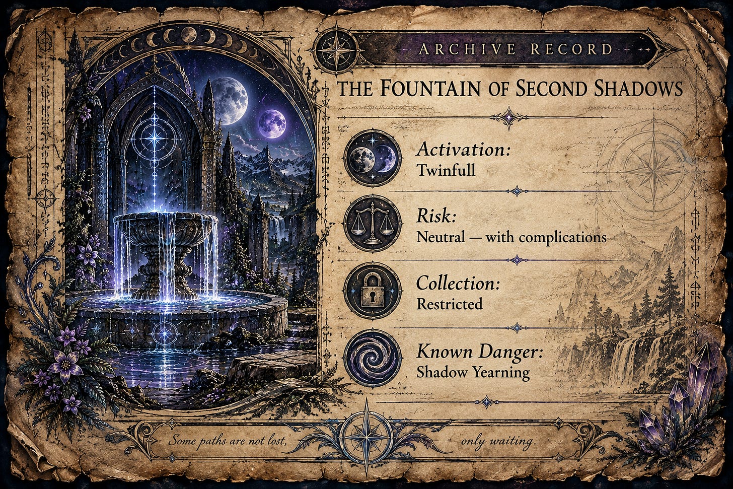 Activation: Twinfull Risk: Neutral — with complications Collection: Restricted Known Danger: Shadow Yearning Activation: Twinfull Risk: Neutral — with complications Collection: Restricted Known Danger: Shadow Yearning
