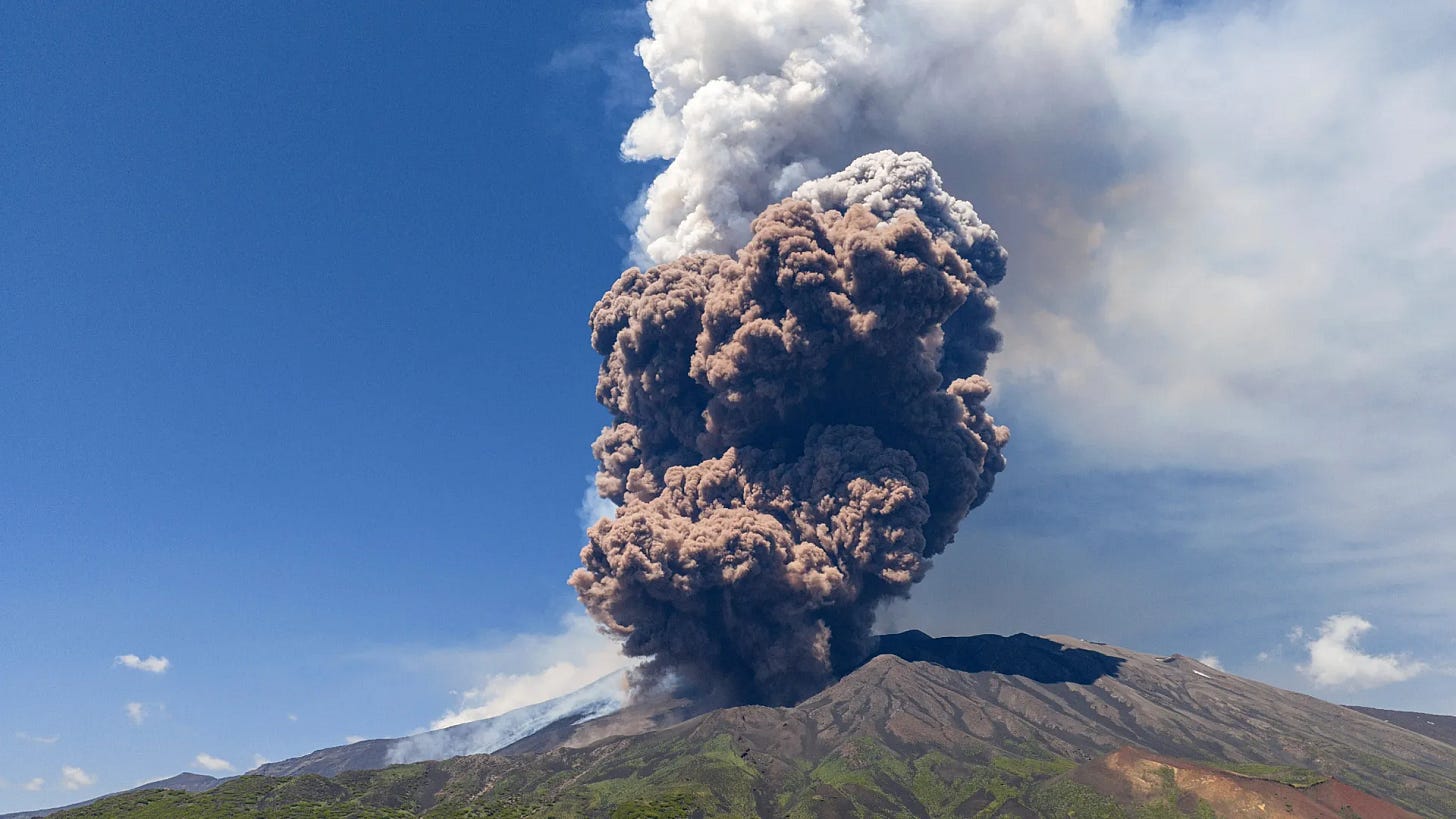 Mount Etna spewing ashes in the Sicilian sky