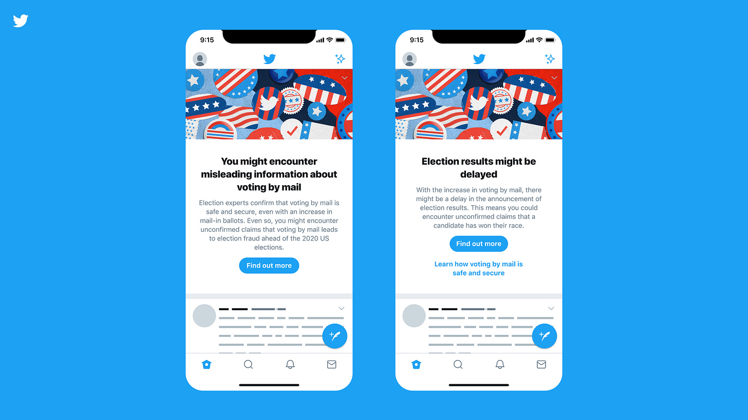 Screenshot of Twitter on two iPhones that read "you might encounter misleading information about voting by mail" Screenshot of Twitter on two iPhones that read "you might encounter misleading information about voting by mail"