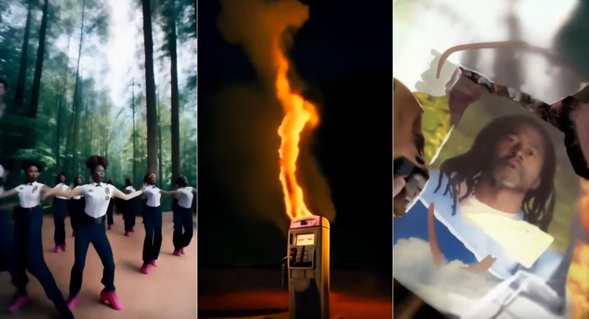 Three frames captured from the Computer Lady video. From left to right: a group of women in what appears to be corrections officer uniforms dancing in two or three lines deep; center, a payphone on fire; right, collage image of Spoon Jackson.
