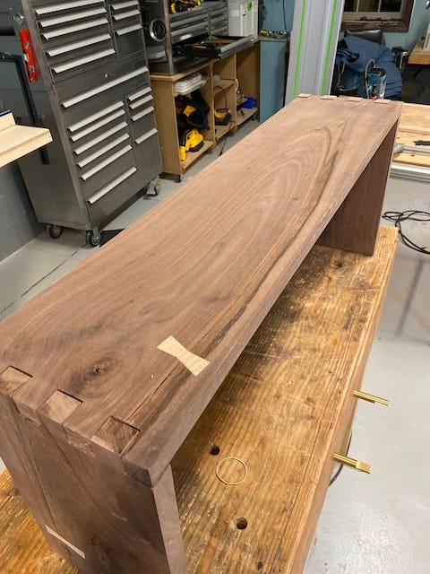Walnut bench, dry fitted. Walnut bench, dry fitted.