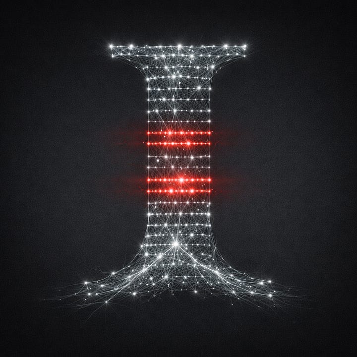 Four square abstract images on dark backgrounds, each showing a luminous, branching white form resembling a vertically oriented column or hourglass made of fine, thread-like lines and points of light; in each image, small red glowing elements appear in different positions along or near the form, creating subtle variations across the set.