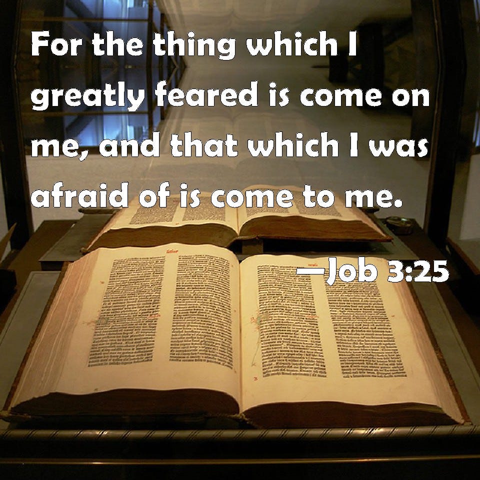 Job 3:25 For the thing which I greatly feared is come on me, and that which I was afraid of is come to me. Job 3:25 For the thing which I greatly feared is come on me, and that which I was afraid of is come to me.