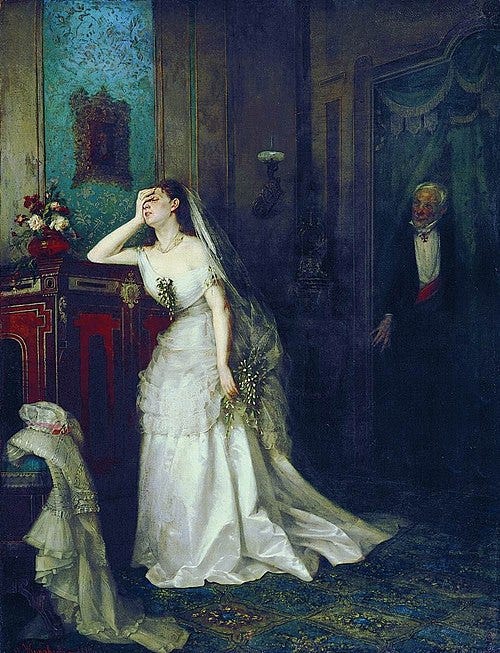 Firs Zhuravlev's painting ‘After the Wedding Ceremony’ is a richly detailed depiction of a newlywed couple immediately following their marriage. At the centre of the scene is the young bride at the far left of the room. She is dressed in her wedding attire, a white gown with intricate details. She is slumped slightly, with her hand across her face in an expression of distress. To the right of the bride stands her groom, a much older man dressed in a black suit. He looks awkward, standing stiffly and gazing at the bride. Firs Zhuravlev's painting ‘After the Wedding Ceremony’ is a richly detailed depiction of a newlywed couple immediately following their marriage. At the centre of the scene is the young bride at the far left of the room. She is dressed in her wedding attire, a white gown with intricate details. She is slumped slightly, with her hand across her face in an expression of distress. To the right of the bride stands her groom, a much older man dressed in a black suit. He looks awkward, standing stiffly and gazing at the bride.