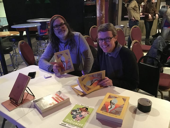 Photo of my signing books and Ward from Chop Suey Books holding a book; Me at mic reading; Me reading; In group of five writers in Queer Voices event.