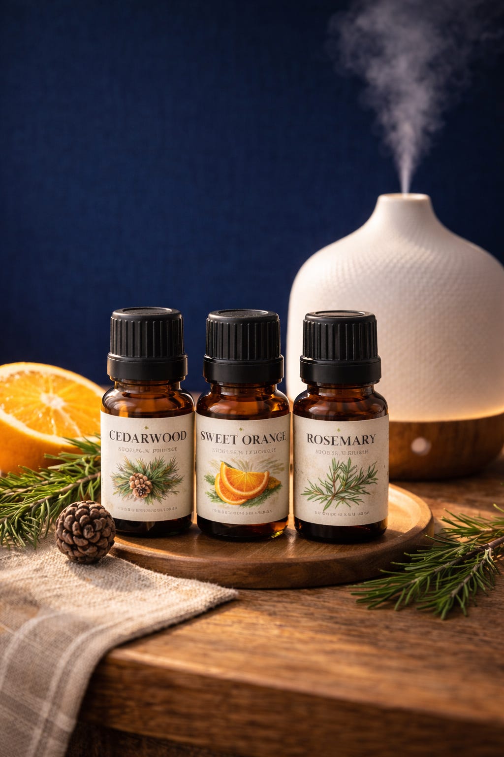 MoonInMental Essential oil bottles of cedarwood, sweet orange, and rosemary for the January 5-11 transit blend supporting the Sun-Venus-Mars conjunction in Capricorn