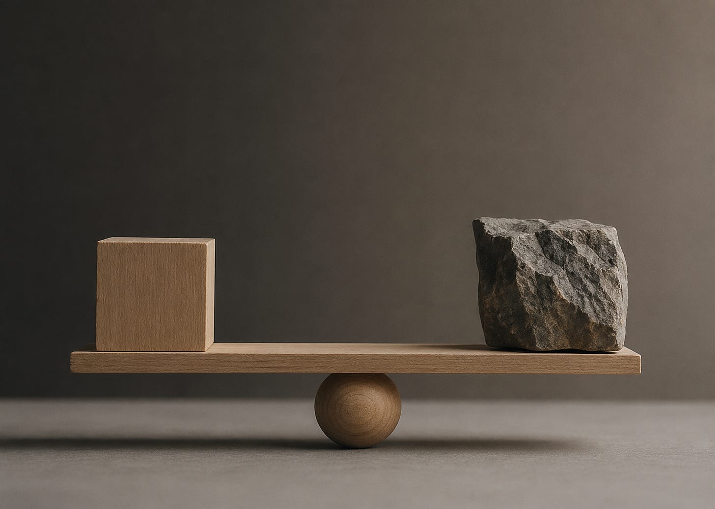 A wooden block and a natural stone balanced on a plank over a wooden sphere, representing the tension between optimization and authentic human growth.