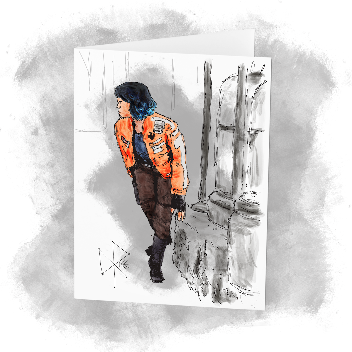 Vi Moradi, an intelligence operative serving the Resistance, crouches to evade stormtroopers as she prowls around Black Spire Outpost while seeking out information. Sketch art by Don Rice. Vi Moradi, an intelligence operative serving the Resistance, crouches to evade stormtroopers as she prowls around Black Spire Outpost while seeking out information. Sketch art by Don Rice.