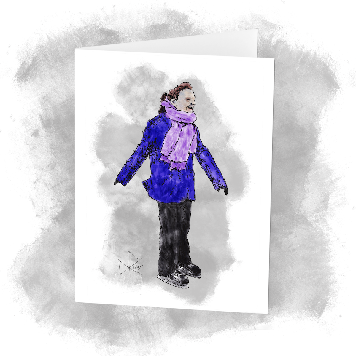 A recreational skater, smiling broadly, enjoys the self-propelled locomotion that (with enough practice and ability) can be achieved on ice. Sketch art by Don Rice. A recreational skater, smiling broadly, enjoys the self-propelled locomotion that (with enough practice and ability) can be achieved on ice. Sketch art by Don Rice.