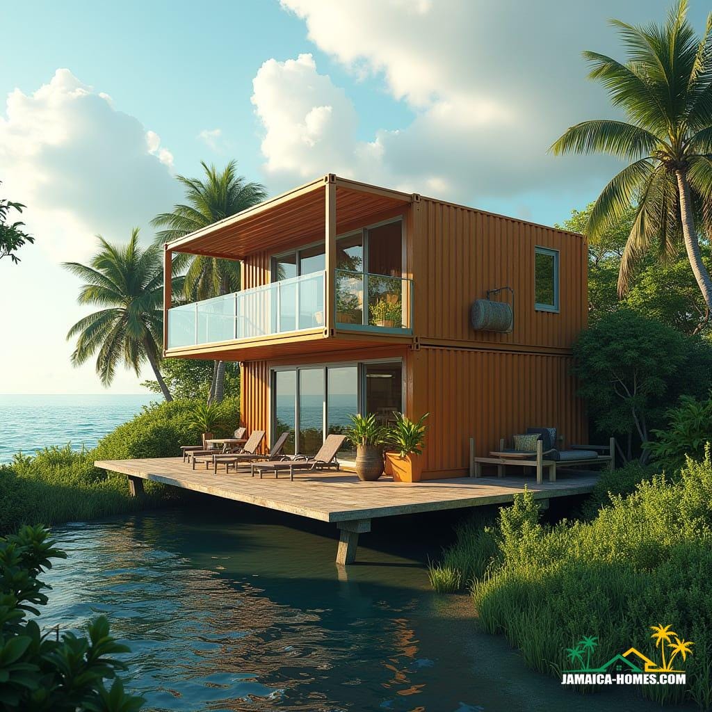 Modular container home in Jamaica's scenic coastal river valley, composed of stackable shipping containers with large glass walls, fold-out decks, and steel supports, featuring offset angles, bright Caribbean colors, and lush tropical plants, set against a stunning ocean or river view, with minimal foundation, sustainable materials, and tropical sunlight, rendered in a realistic 3D style reminiscent of Syd Mead, Ash Thorp, and Simon Stalenhag, with cinematic lighting, film grain, and vignette, evoking a cinematic film still shot on 35mm film.