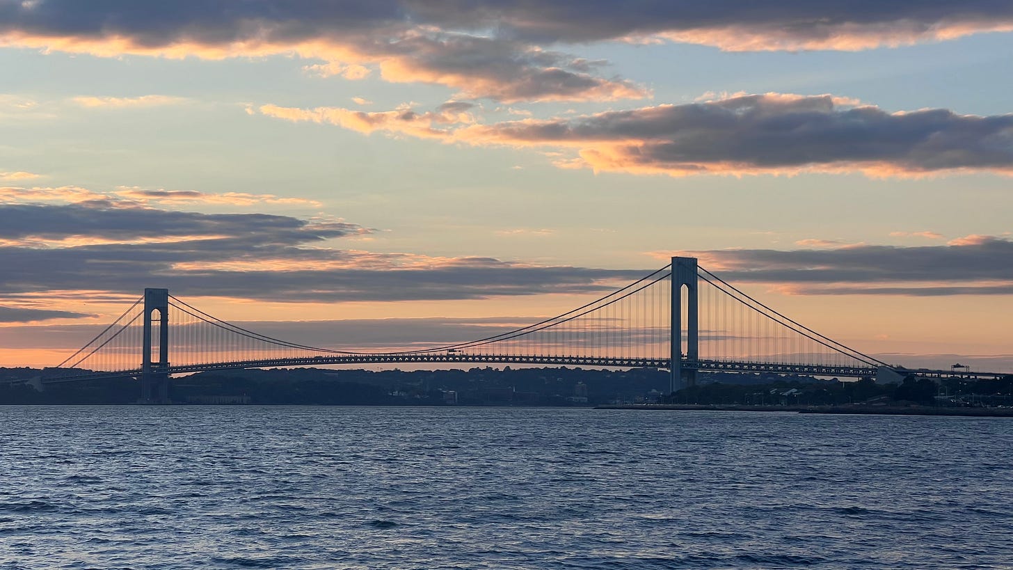 The full span of the Verrazzano-Narrows Bridge stretches across the water beneath pink and gray sunset clouds, with both towers visible.