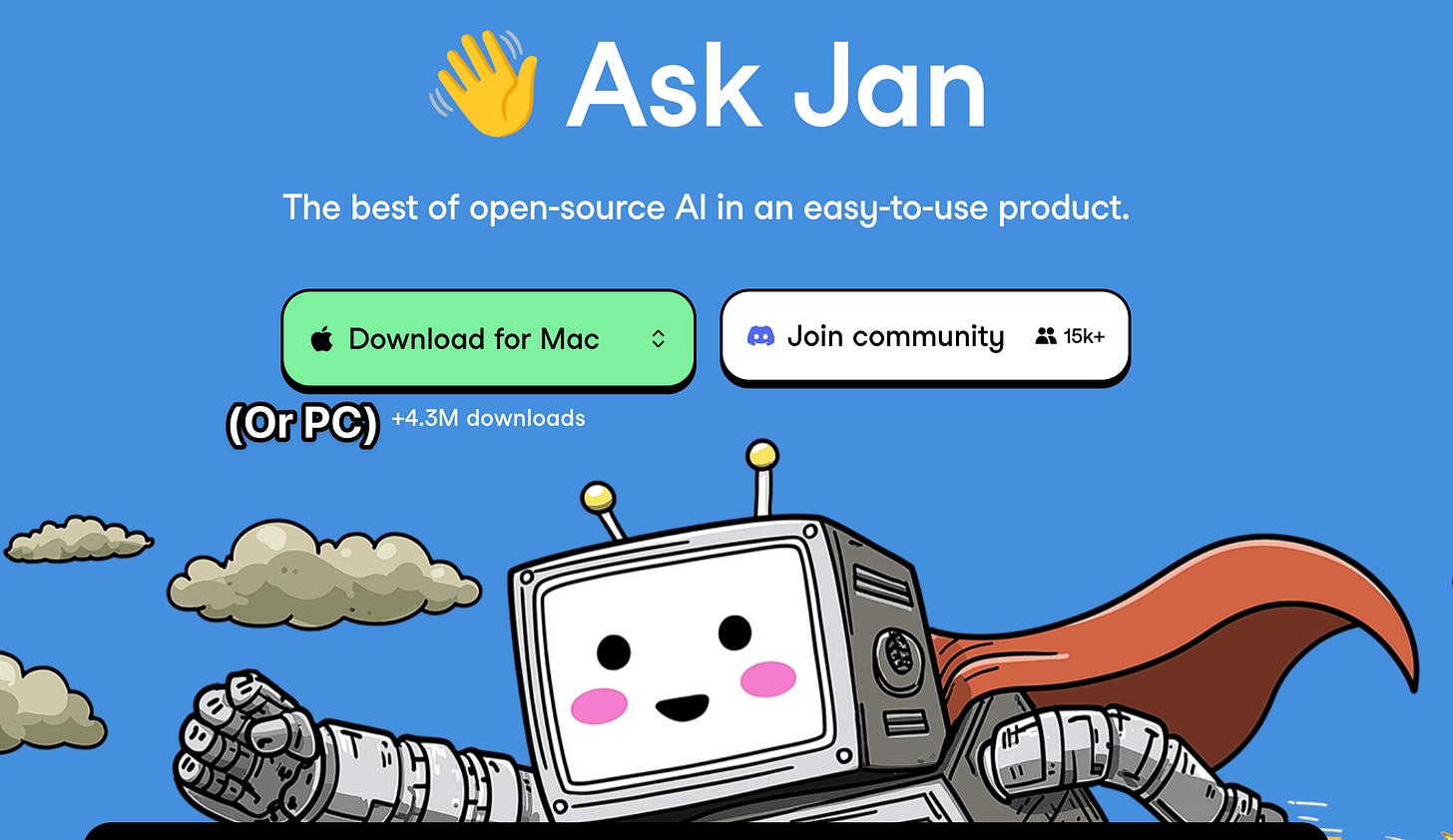 The Ask Jan homepage with the slogan 'The best of open-source AI in an easy-to-use product.' A cheerful robot superhero with a screen face and red cape is shown flying beneath the text, next to 'Download for Mac (Or PC)' and 'Join community' buttons. - Alt-text drafted with Gemini assistance