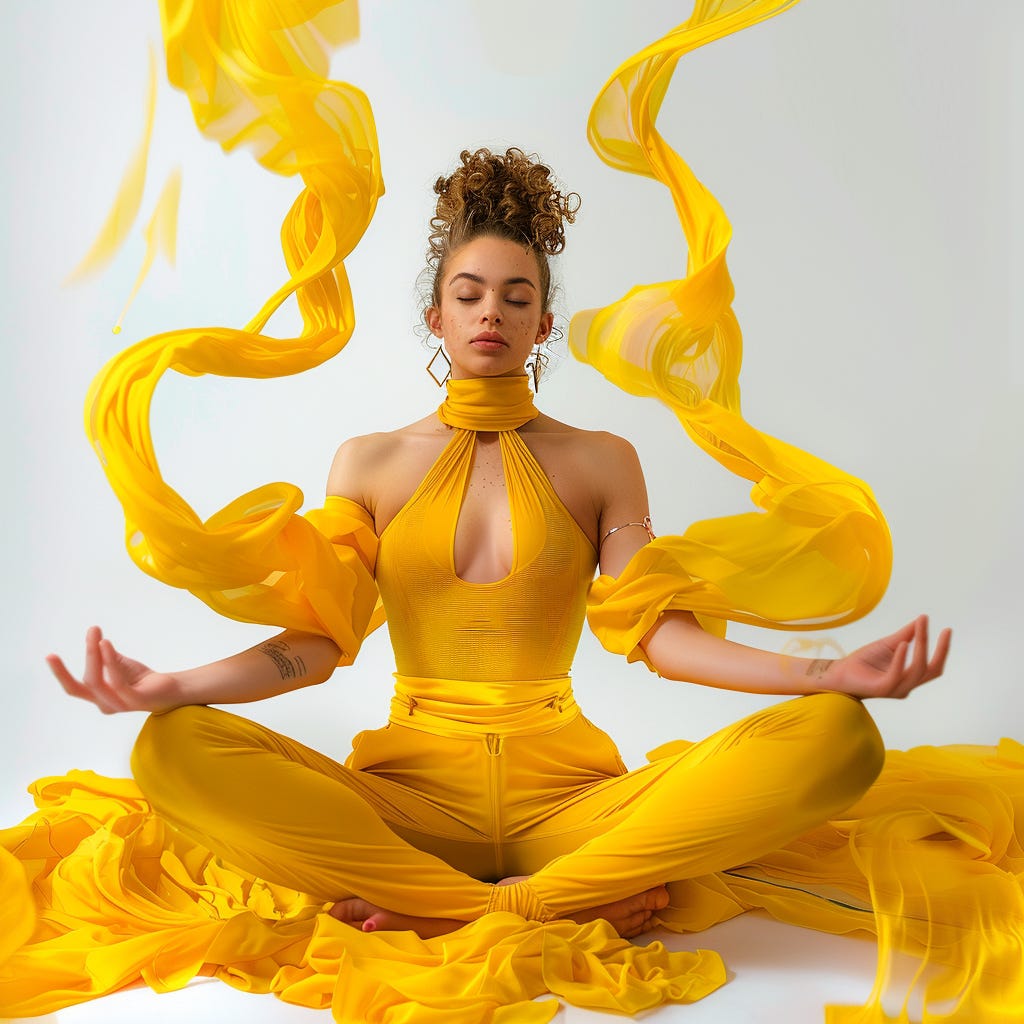 Woman dressed in bright yellow sitting and meditating. It represents how I manifested something impossible. 