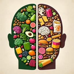Uma cabeça dividida entre alimentos saudáveis e ultraprocessados. Uma cabeça dividida entre alimentos saudáveis e ultraprocessados.