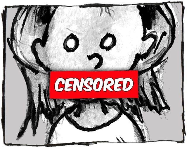 Cartoon drawing of a little girl. A red box reading “censored” has been placed over her mouth.