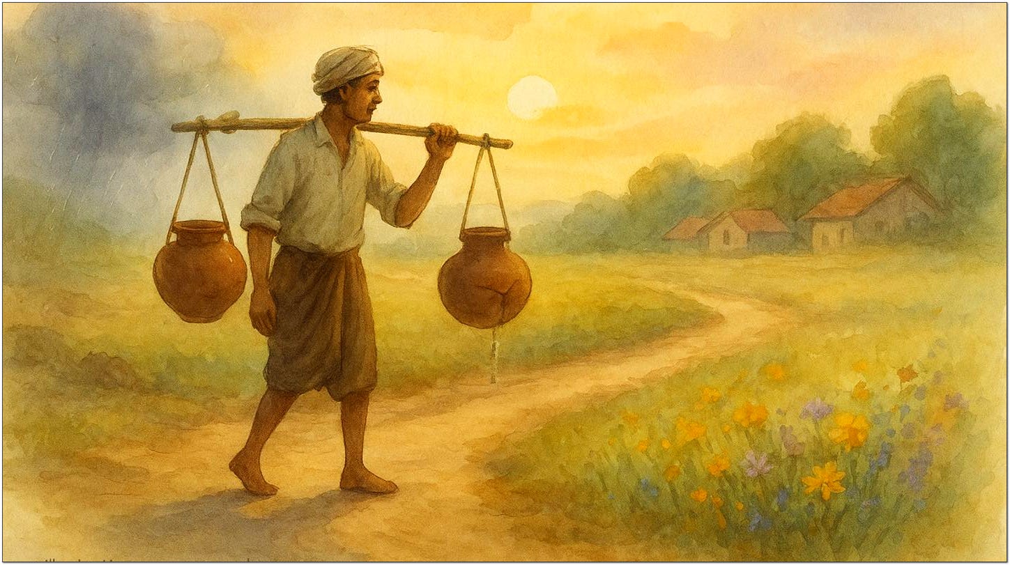The Water Bearer gingerly lifted the pot and walked slowly back to give the cracked pot all the time he needed to appreciate his purpose