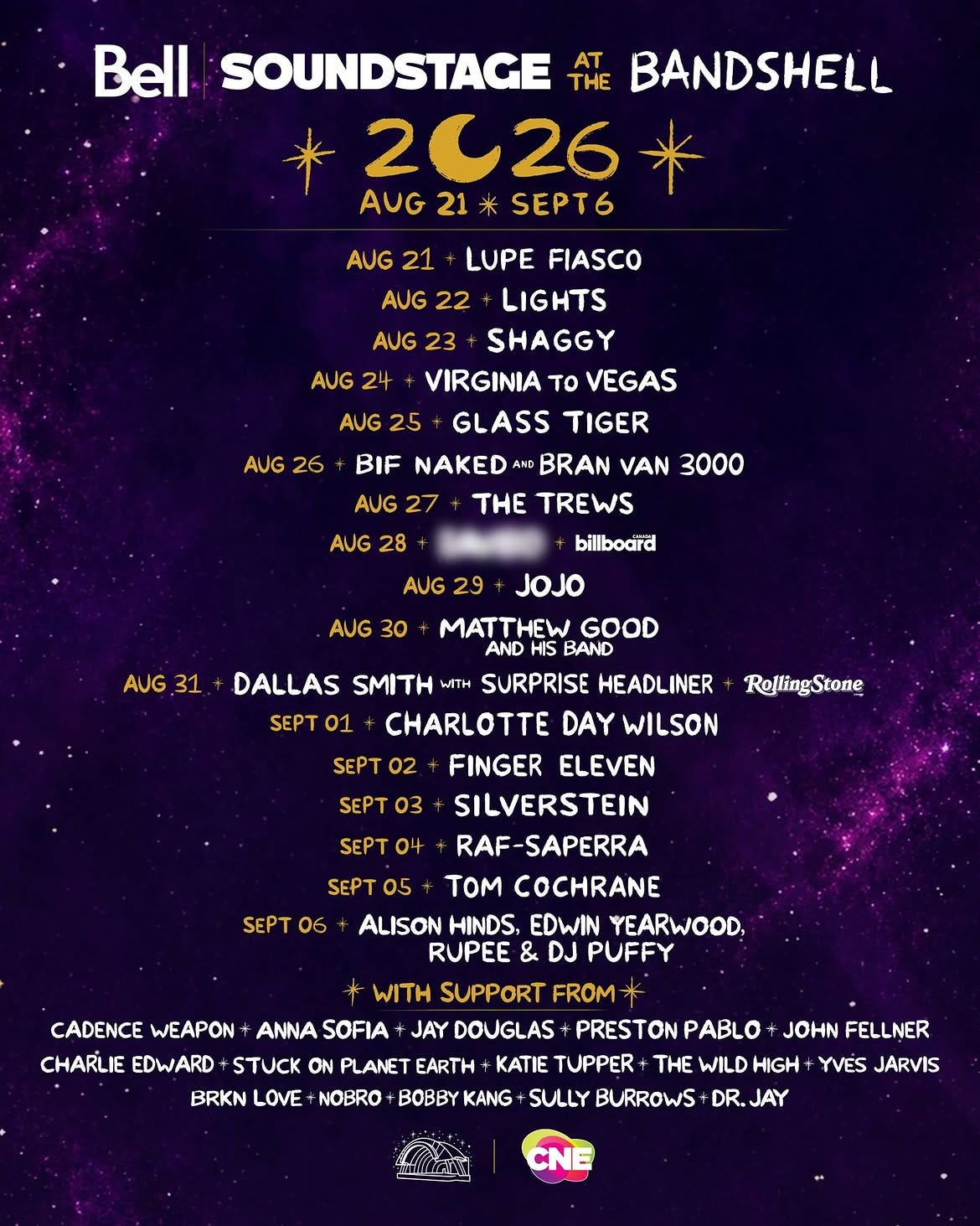 Concert poster for the 2026 CNE Bell Soundstage at the Bandshell listing the full daily music lineup from August 21 to September 6 featuring acts like Lupe Fiasco, Lights, Shaggy, Bif Naked, Finger Eleven and much more.
