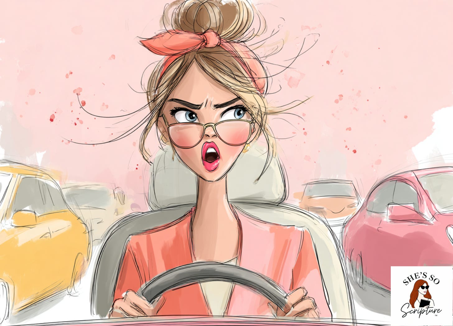 Whimsical fashion illustration of a woman sitting behind the steering wheel in her car sitting in traffic and she is angry