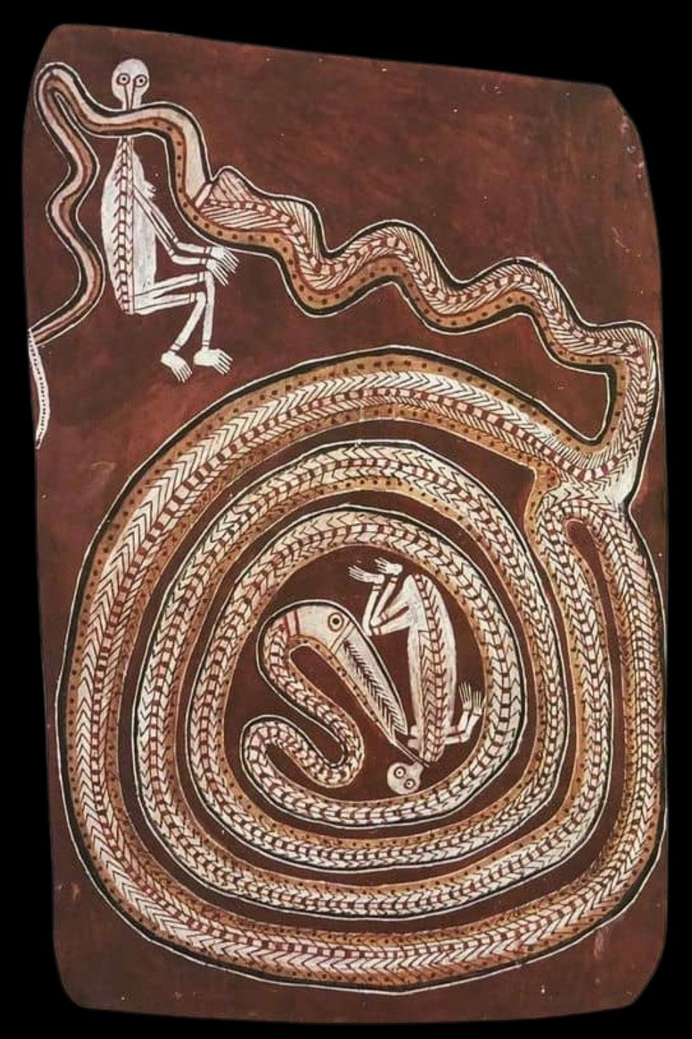 Aboriginal bark painting by Yirawala depicting the Rainbow Serpent coiled around the Wagilag Sisters, painted in natural ochres on eucalyptus bark in the Western Arnhem Land tradition. Aboriginal bark painting by Yirawala depicting the Rainbow Serpent coiled around the Wagilag Sisters, painted in natural ochres on eucalyptus bark in the Western Arnhem Land tradition.