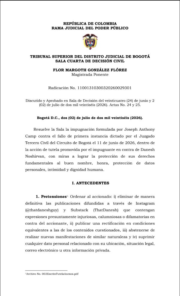 Danesh Faces Digital Exile: Colombian appellate judges order Noshirvan posts removed as Joey Camp and U.S. recognition close in fast.