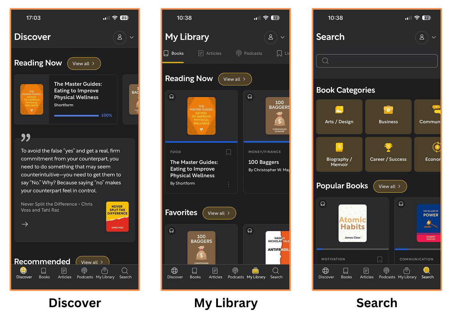 Shortform’s mobile interface (dark mode)