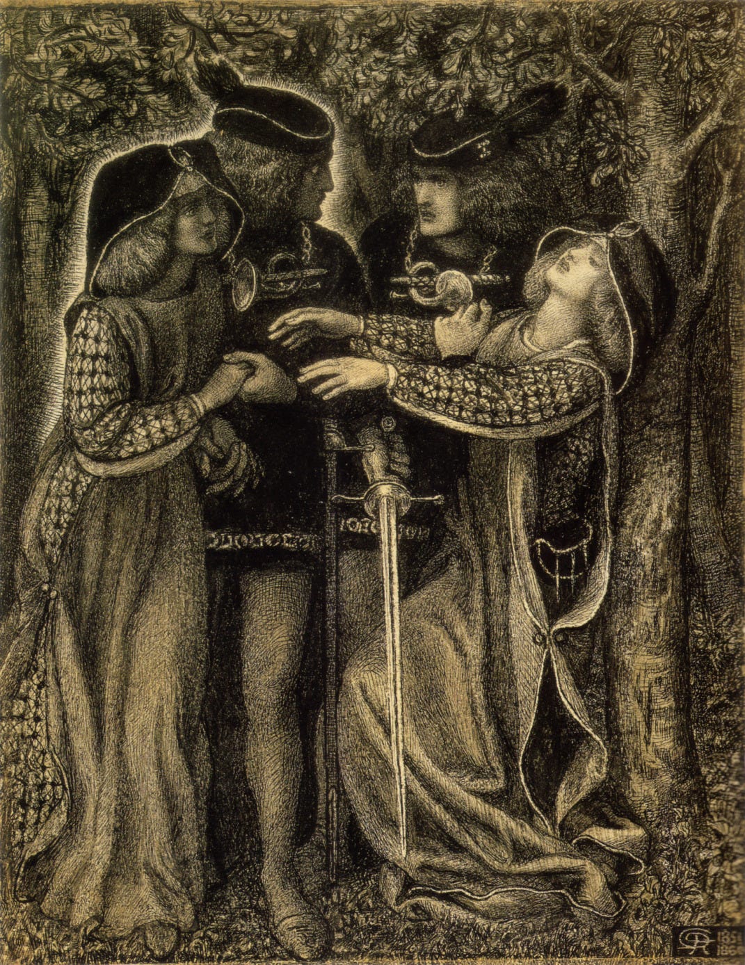 Two lovers meeting their glowing doubles in a dark wood Two lovers meeting their glowing doubles in a dark wood