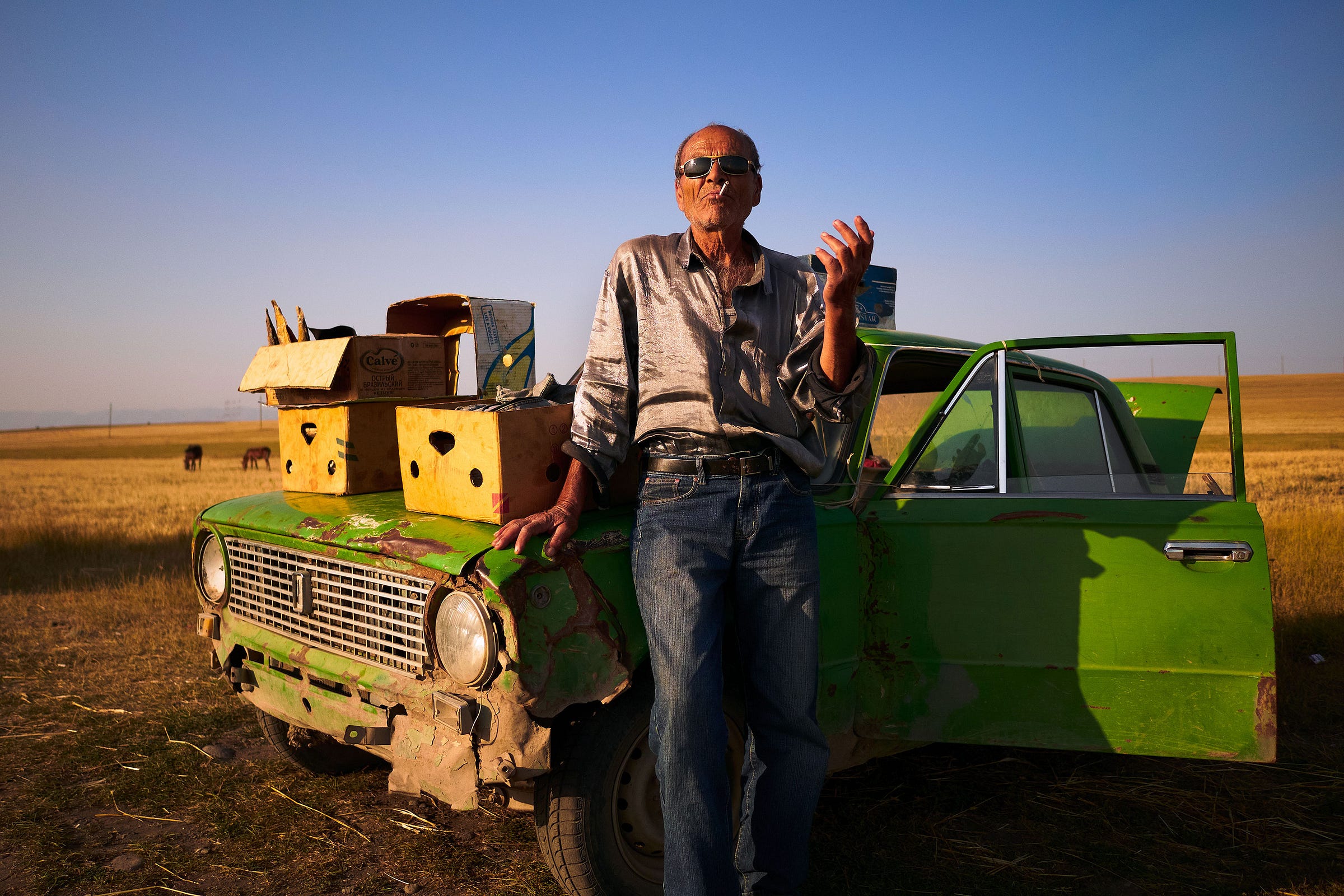 An older man wearing sunglasses and a shiny shirt leans against a weathered green car with boxes on its hood, standing in a dry field under a clear blue sky.