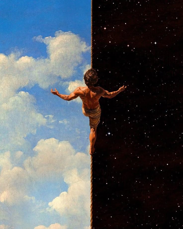 This may contain: a painting of a man climbing up the side of a building with clouds in the background