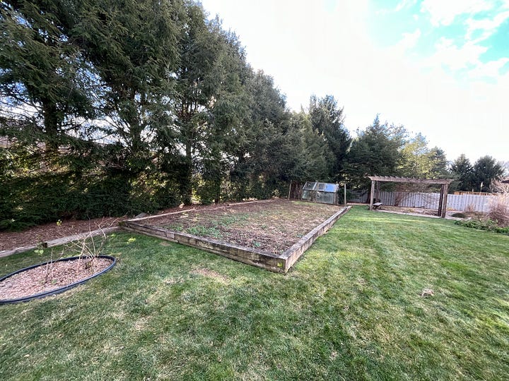 Framed garden bed and a greenhouse.