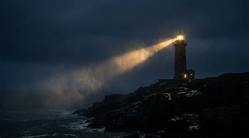A lighthouse beam shining through thick fog over a dark ocean at night. A lighthouse beam shining through thick fog over a dark ocean at night.