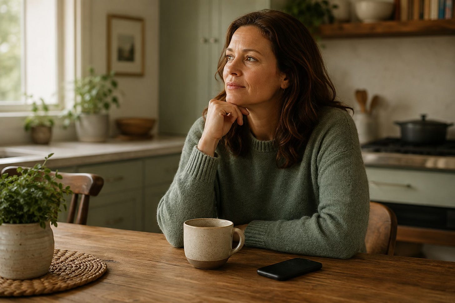 Woman pausing with her phone and mug after reading a message.