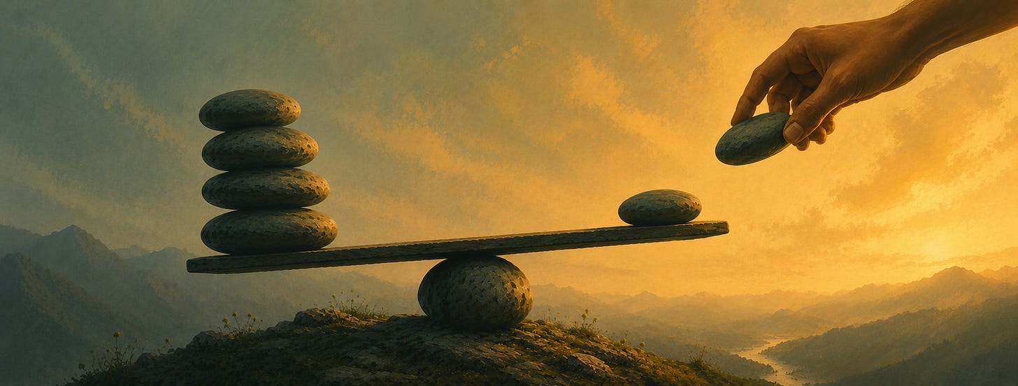 A wide, painterly landscape in warm golds and deep green-blues shows a stone plank balanced on a rounded rock atop a grassy hill. Four smooth stones are stacked on the lower left end of the plank, while a single stone rests on the raised right end. A hand reaches in from the upper right, carefully moving another stone toward the smaller pile, suggesting a deliberate redistribution of weight. Misty mountains and a winding river fade into the distance beneath a glowing sunset sky, creating a calm, hopeful atmosphere despite the visible imbalance. A wide, painterly landscape in warm golds and deep green-blues shows a stone plank balanced on a rounded rock atop a grassy hill. Four smooth stones are stacked on the lower left end of the plank, while a single stone rests on the raised right end. A hand reaches in from the upper right, carefully moving another stone toward the smaller pile, suggesting a deliberate redistribution of weight. Misty mountains and a winding river fade into the distance beneath a glowing sunset sky, creating a calm, hopeful atmosphere despite the visible imbalance.