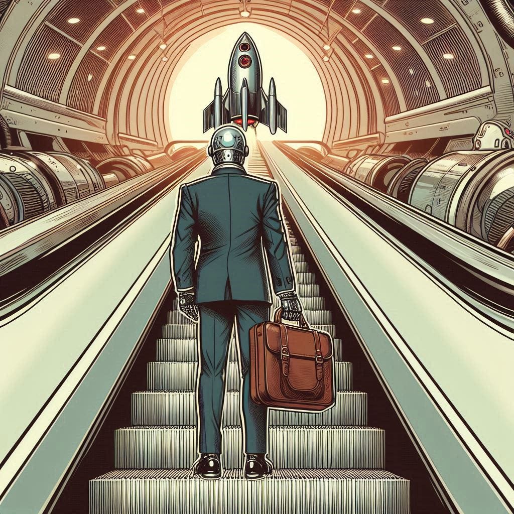 comic style. A robot wearing a suit and carrying a leather suitcase stands on an escalator. We see the robot from below and behind as if we are on the escalator behind him. The escalator will move us towards the cockpit of a giant rocket. 