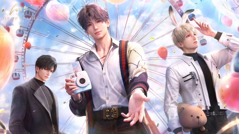 Three handsome guys pose in front of a Ferris wheel