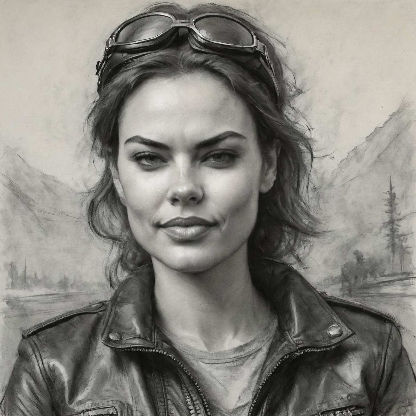 A charcoal drawing of a young, square-jawed woman wearing a biker outfit and goggles on her head, smiling tightly.